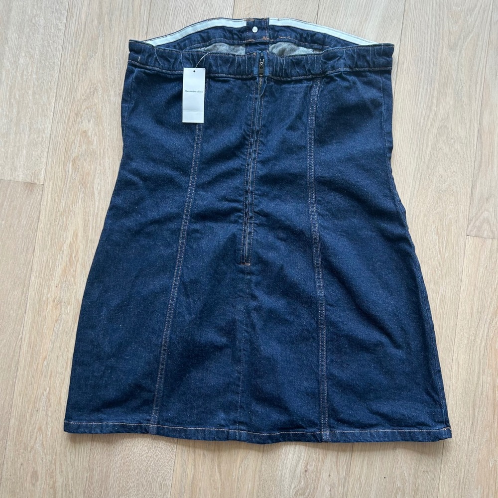 Abercrombie & Fitch Denim Mini Dress L Dark Blue Strapless Button Front Western - Picture 2 of 8